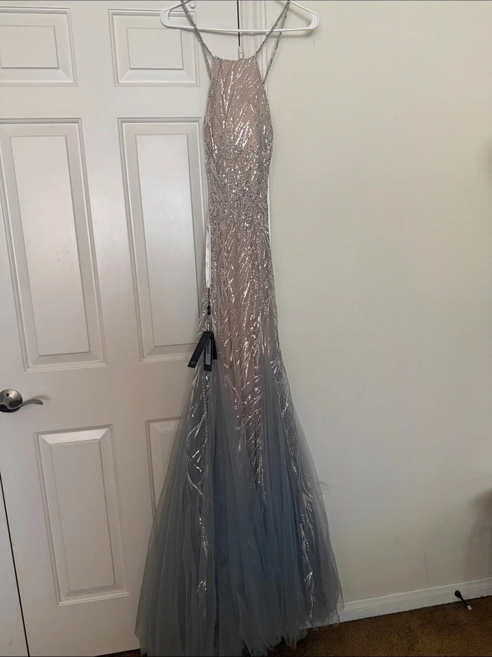 Terani Couture Silver Nude  Sequin Beaded Halter Strap Evening Gown